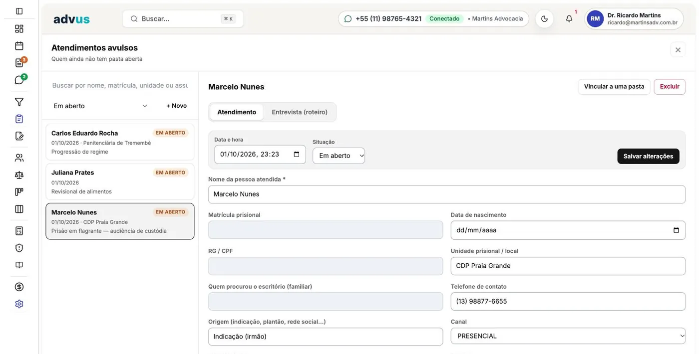 advus — tela Atendimentos avulsos