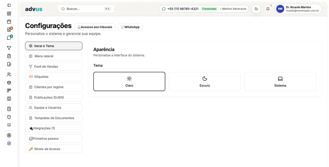 advus — tela Configurações